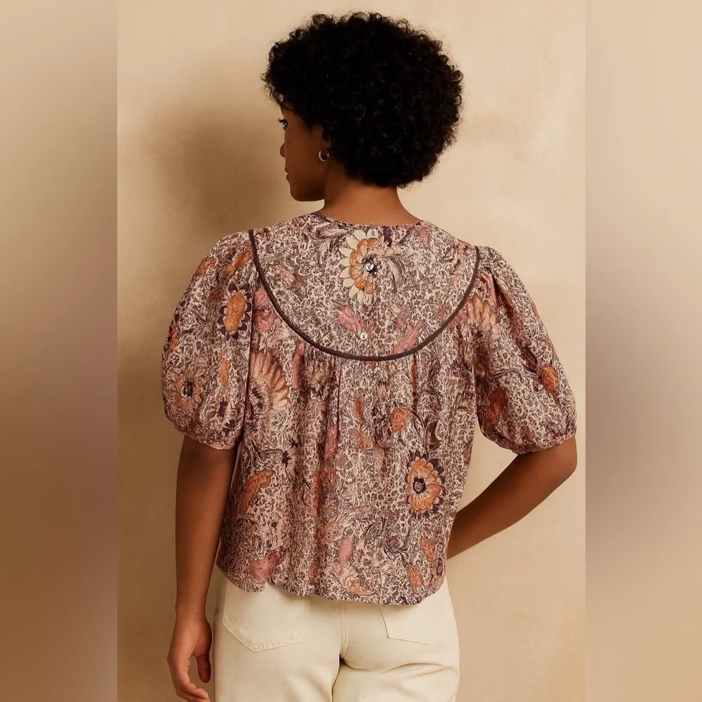 Madewell Brown Bali Blooms Yoked Puff Sleeve Blouse Top EUC M #1059